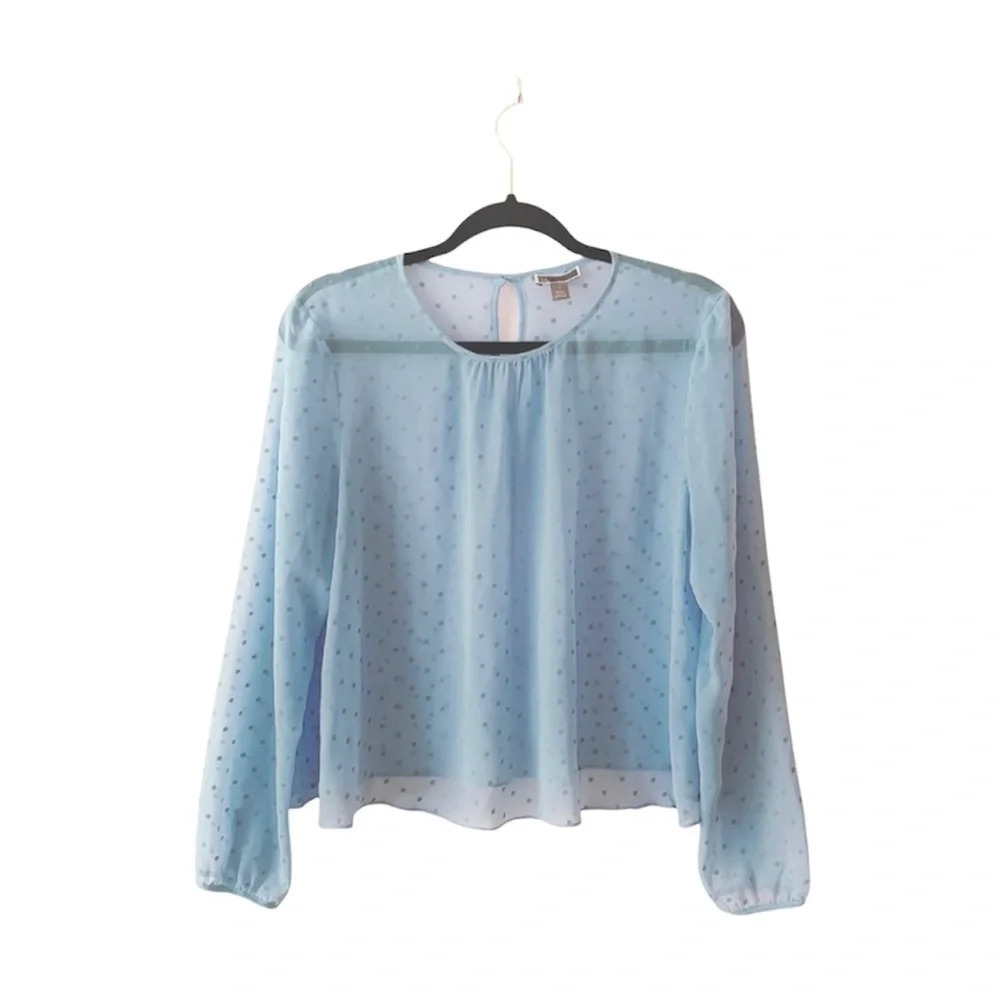 Chelsea28 Light Blue & Silver Dotted Blouse Sheer Long Sleeve Medium Women’s